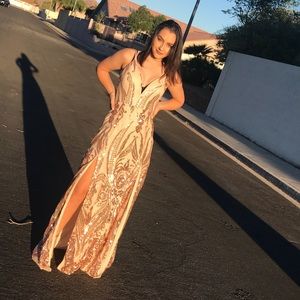beige and gold rinestone prom dress